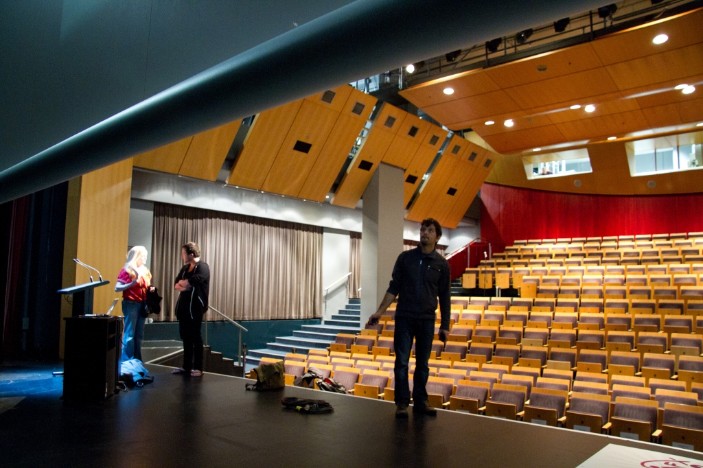 Enrico Casarosa of Pixar during tech check, testing out the projection in the main theater for his presentation on “La Luna.”